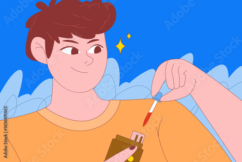 A young man smiling while holding a CBD oil dropper, suggesting the use of cannabis extract in a casual way.