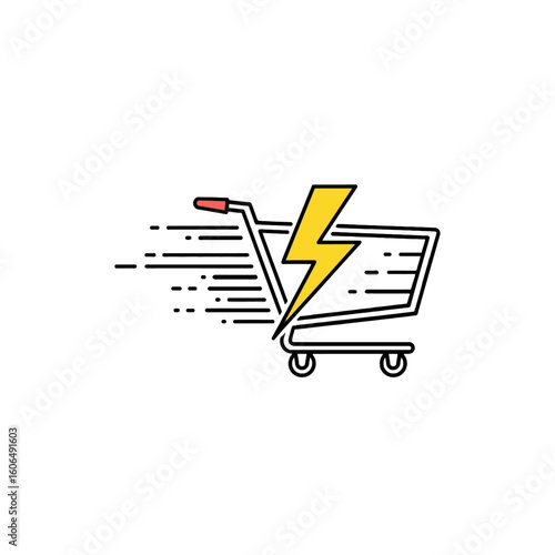 A shopping cart with a lightning bolt inside, shown moving quickly with speed lines.