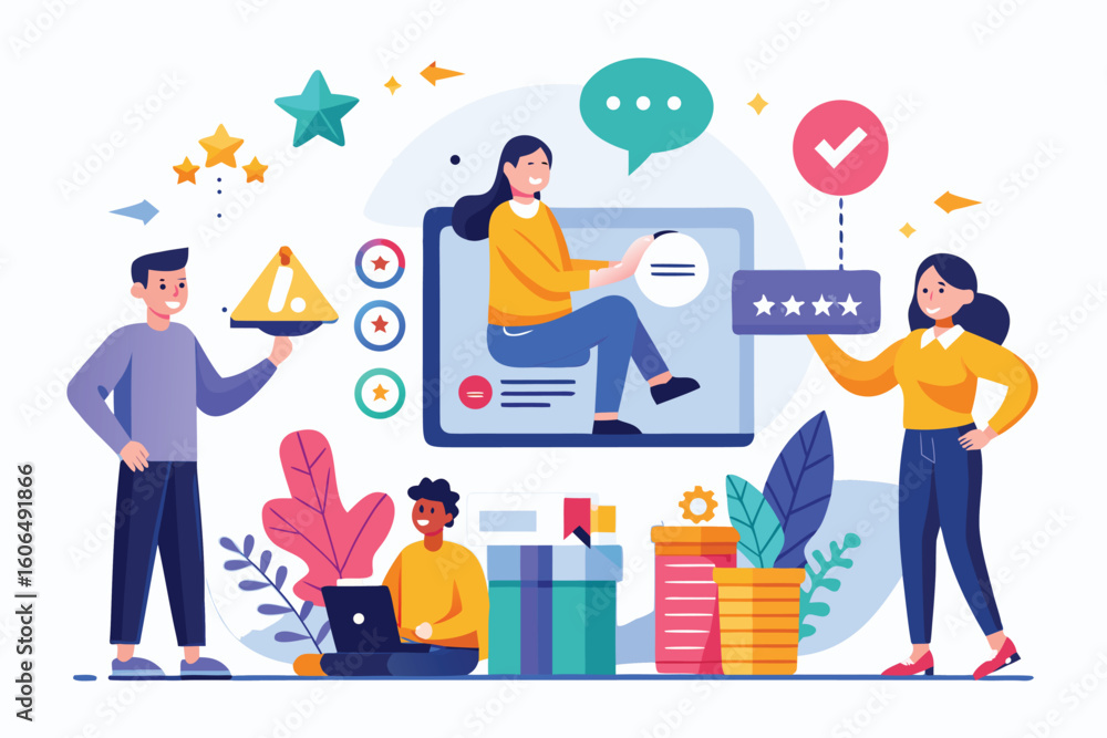 Fototapeta premium Visual representation of brand reputation and trust building through various activities and interactions within a digital environment designed to enhance consumer engagement and loyalty