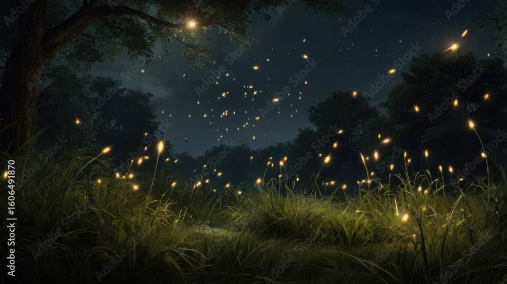 Fototapeta premium Glowing plants and fireflies at night