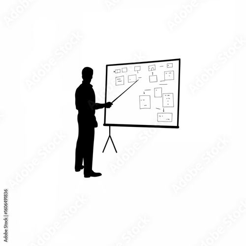Silhouette of civic leader explaining points on board at press conference on white background