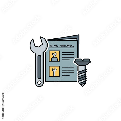 Instruction manual, wrench, and bolt; assembly guide illustration.
