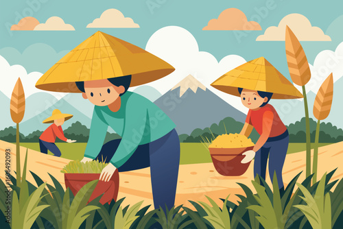 Illustration of rice farmers working in lush fields with mountains in the background during a sunny day in Southeast Asia