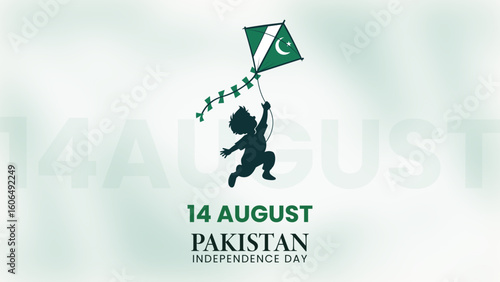 14 August Pakistan Independence Day Vector Design, Pakistani Child Flying Kite on Independence Day, Green and White Pakistan Flag Celebration Art, Minimal Vector Banner for 14 August Event