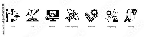Human biology web banner icon vector illustration featuring Tissue, Fluid, Heartbeat, Genetic Engineering, Bionic Arm, Bioengineering, and Bioenergy.