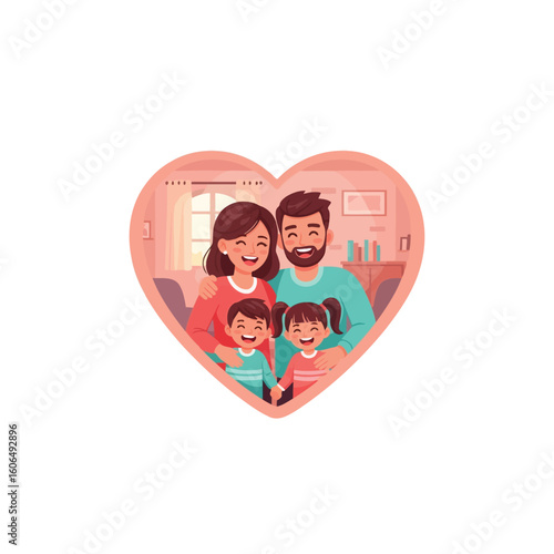 A happy family portrait, framed within a heart shape, inside a cozy home.