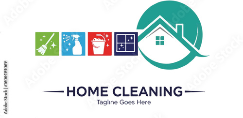 Home cleaning logo design with broom, spray, bucket, window and house icon on white background