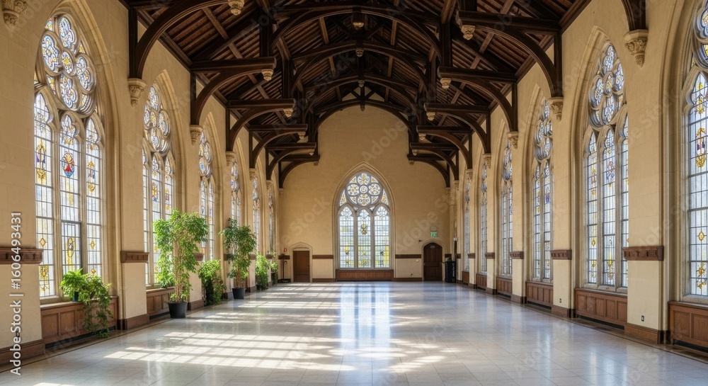 Fototapeta premium Sunlight streams through gothic arched windows in a grand, empty hall