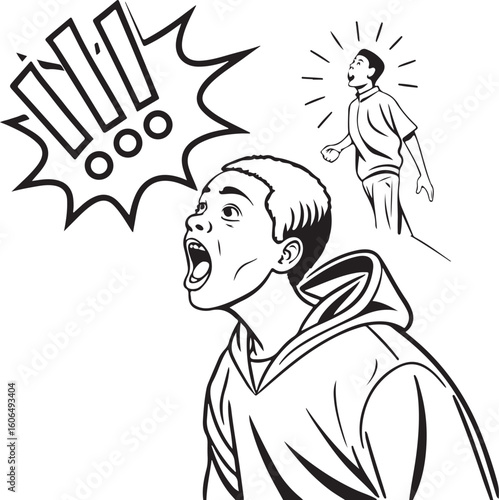 Young man shouting with speech bubble in comic style illustration – expressive talking or yelling cartoon concept