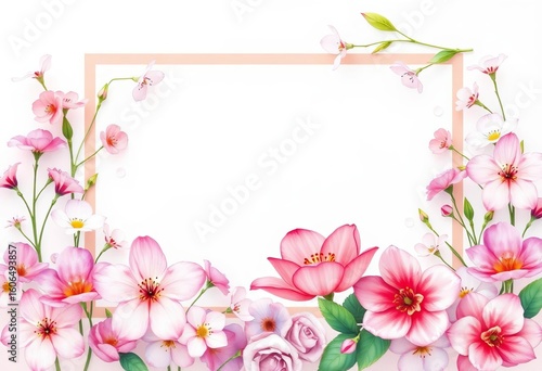 Delicate watercolor blossoms arranged within a geometric floral frame,  leaves,  design