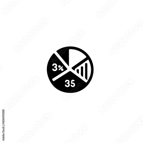A simple black and white pie chart icon with percentages and section indications shown