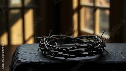 A symbolic crown of thorns resting on a dark surface, representing Christian sacrifice and devotion.