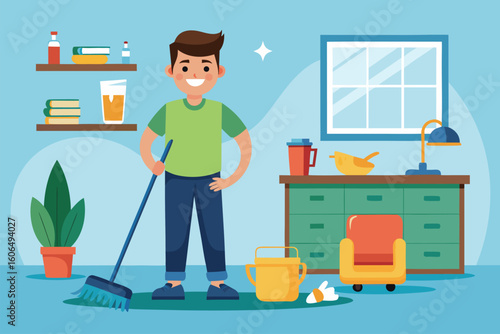Man mopping the floor in a cozy, well-organized room while enjoying household cleaning activities to maintain a neat living space
