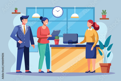 Customer interacts with hotel receptionist at front desk during daytime in a modern lobby with plants and clock