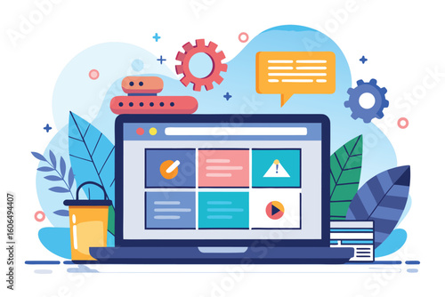 Web design concept featuring a laptop displaying a homepage layout with colorful graphics and elements indicative of digital creativity and innovation
