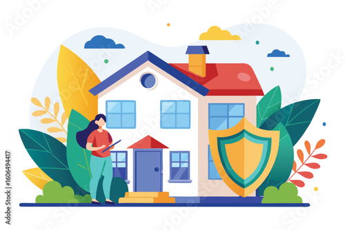 Home insurance flat illustration featuring a woman in front of a house with security symbols surrounded by nature in a vibrant vector design