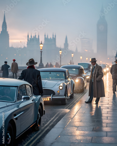 Misty London Street with Classic Cars and Trench Coat Figures by Big Ben..