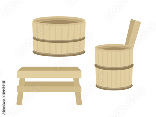 木製の風呂桶と風呂椅子　イラストセット