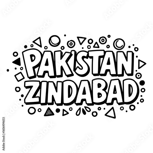 Pakistan Zindabad graphic design with diverse shapes and symbols. Bold text statement with no specific demographic details.