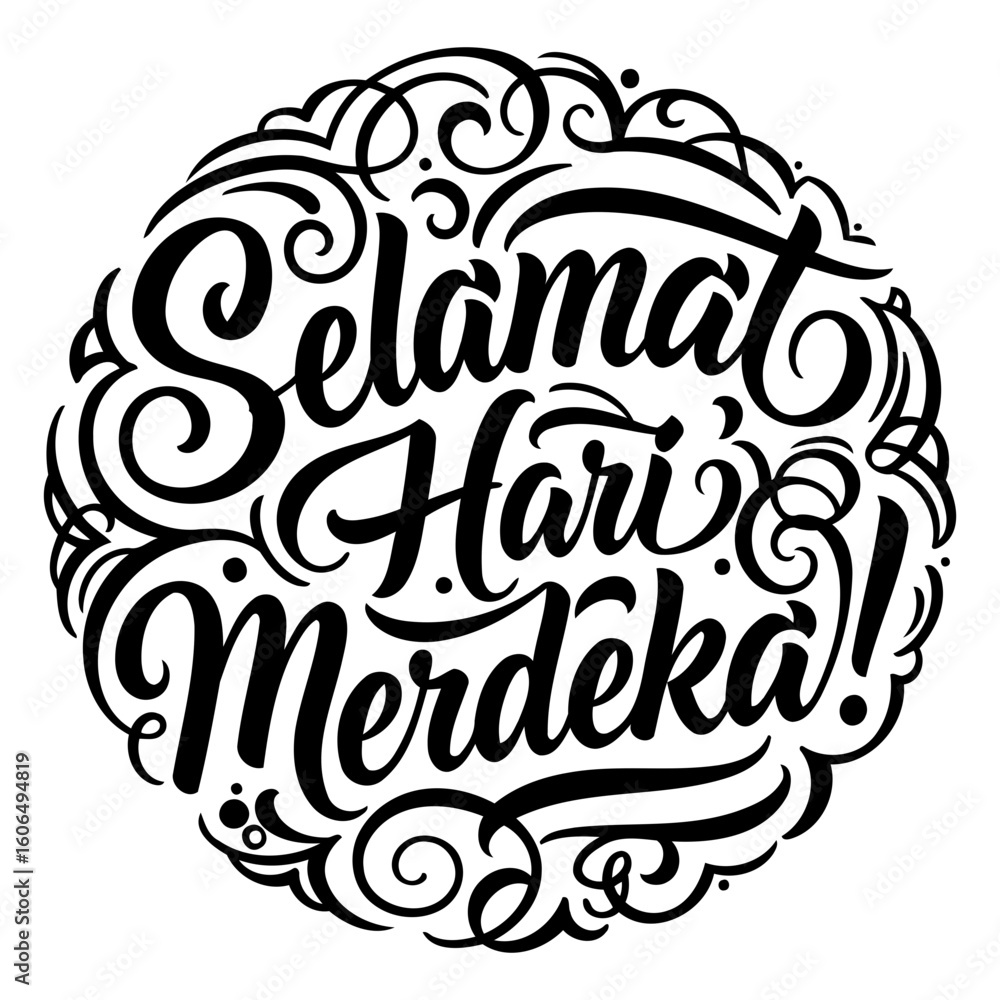 Obraz premium Selamat Hari Merdeka celebratory graphic design. Ornate lettering design with decorative elements in a circular shape.