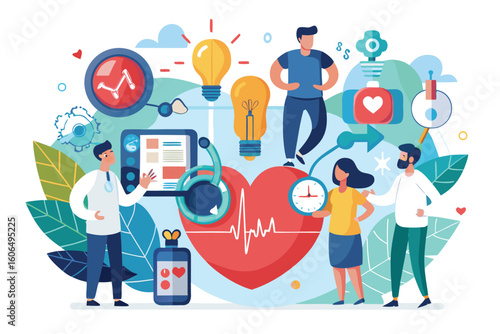 Heart health awareness with diverse individuals checking vital signs and engaging in discussions about wellness and lifestyle choices in a vibrant illustrated setting