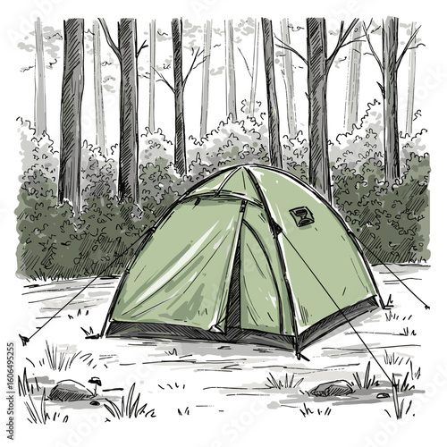 Green camping tent set up in forest surrounded by trees  