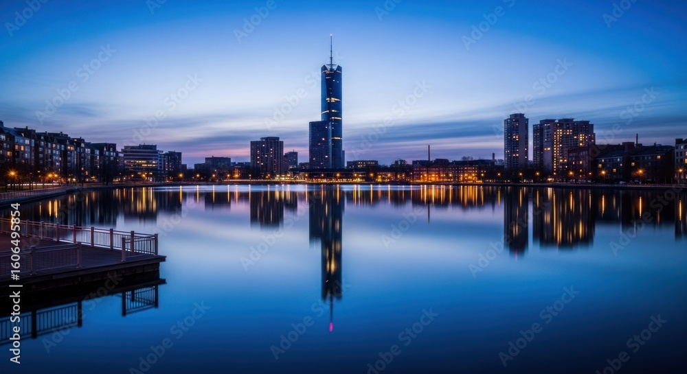 Fototapeta premium City skyline reflecting in tranquil lake at dawn