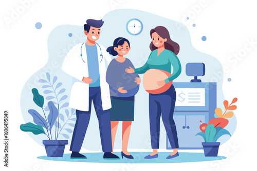 Joyful moment shared between a happy pregnant woman and her doctor in a bright clinic setting during a routine checkup, emphasizing care and support in pregnancy