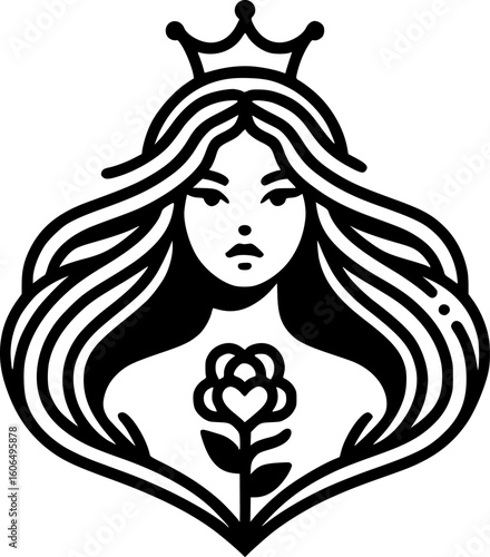 minimalist black and white vector icon of the queen of hearts, holding a rose with calm eyes and heart-shaped crown