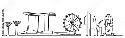 Singapore skyline line art with Marina Bay Sands, Supertree Grove, and Merlion