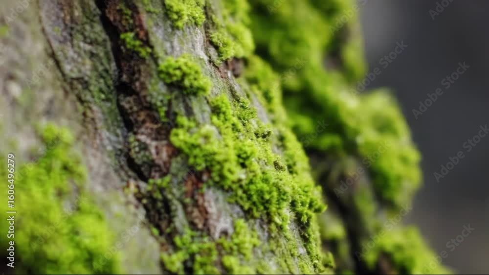 Green moss growing on tree bark in natural outdoor environment Green moss growing on tree bark in natural outdoor environment