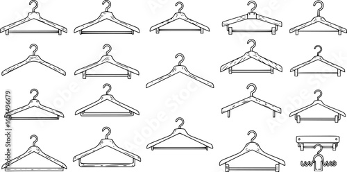 a group of clothes hangers, black and white outline, hanger, white background

