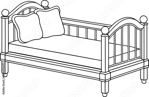 Classic daybed with pillows line art perfect for cozy interior visuals and children’s book illustrations