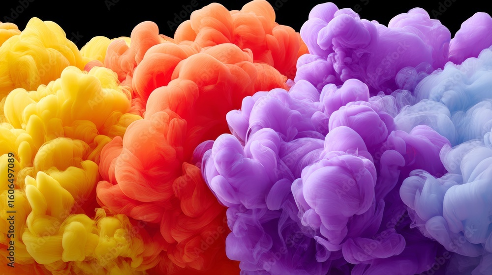 Obraz premium Colorful cloud of smoke with a rainbow of colors. The smoke is purple, orange, yellow, and green