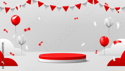 red and white podium display with balloons, confetti and triangular shaped cloth decoration