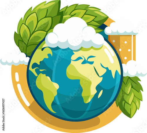 A stylized globe with beer foam on top or hops wrapping around it, symbolizing global celebration.