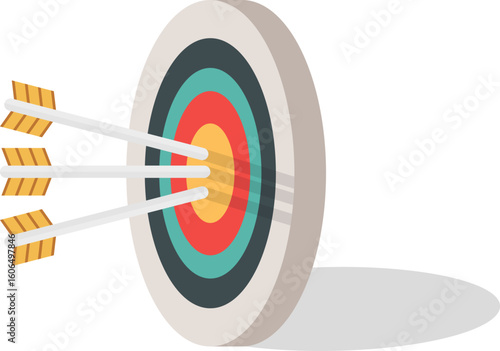 Many arrows missed hitting target mark. Shot miss. Multiple failed inaccurate attempts to hit archery target. Business challenge failure metaphor. Flat cartoon isolated vector object illustration
