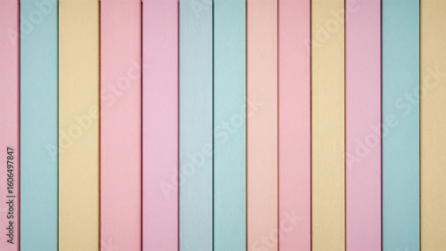 Pastel-colored vertical stripes create a cheerful backdrop.