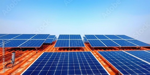 Indian rooftop solar panels, angled against blue sky,  bright,  solar energy