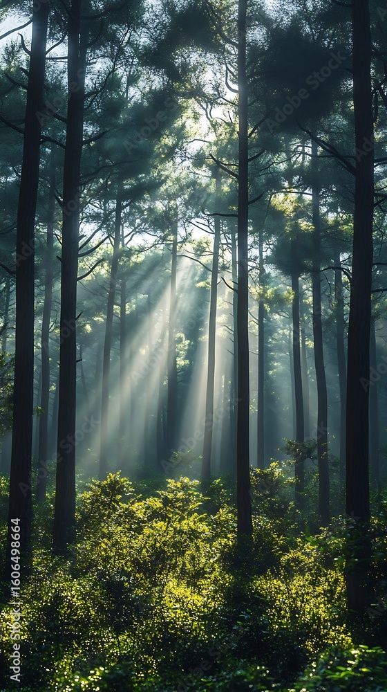 Obraz premium Sunbeams in a dense green forest.