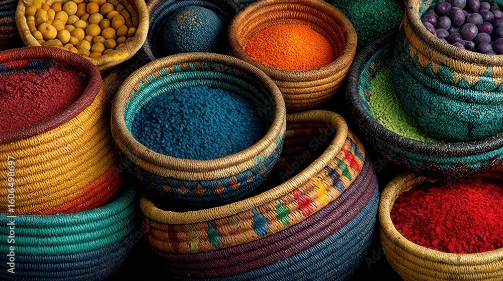 Fototapeta premium Vivid representation of traditional woven baskets in circular formation, adorned with festival colors