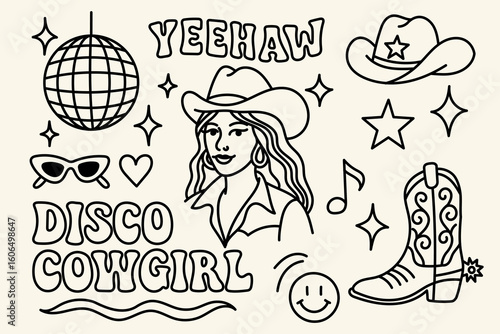 Disco Cowgirl features retro Western line art with a cowgirl, cowboy hat, disco ball, boots, and stars, with Yeehaw in back. Great for posters and shirts. Ideal for fun digital or print designs.