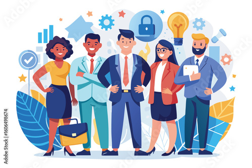 Successful multiethnic business team collaborating in a modern workspace with symbols of innovation and growth in the background