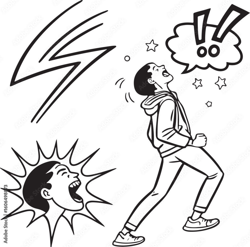 Fototapeta premium Young man shouting with speech bubble in comic style illustration – expressive talking or yelling cartoon concept