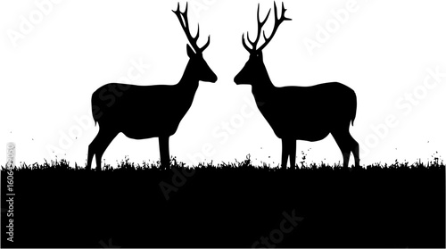 Two deer silhouettes stand facing each other, bathed in the warm glow of a large setting sun
