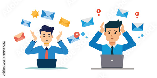 Frustrated Male Office Worker Overwhelmed by Emails – Corporate Vector Illustration Showing Burnout, Digital Stress, and Information Overload at Work