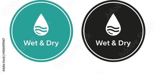 Wet & Dry waterdrop symbol in circle, blue and black icons on white background