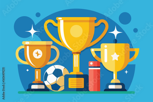 Golden trophies celebrating sports achievements featuring a large cup, medium cup, and small cup with soccer ball and water bottle on a bright background