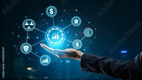 A high-tech holographic network of interconnected circles representing financial, analytics and digital security icons.