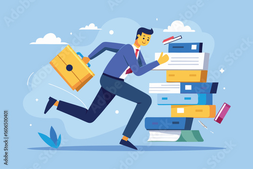 Frustrated businessman rushing away from collapsing stack of paperwork in an office setting during a busy workday